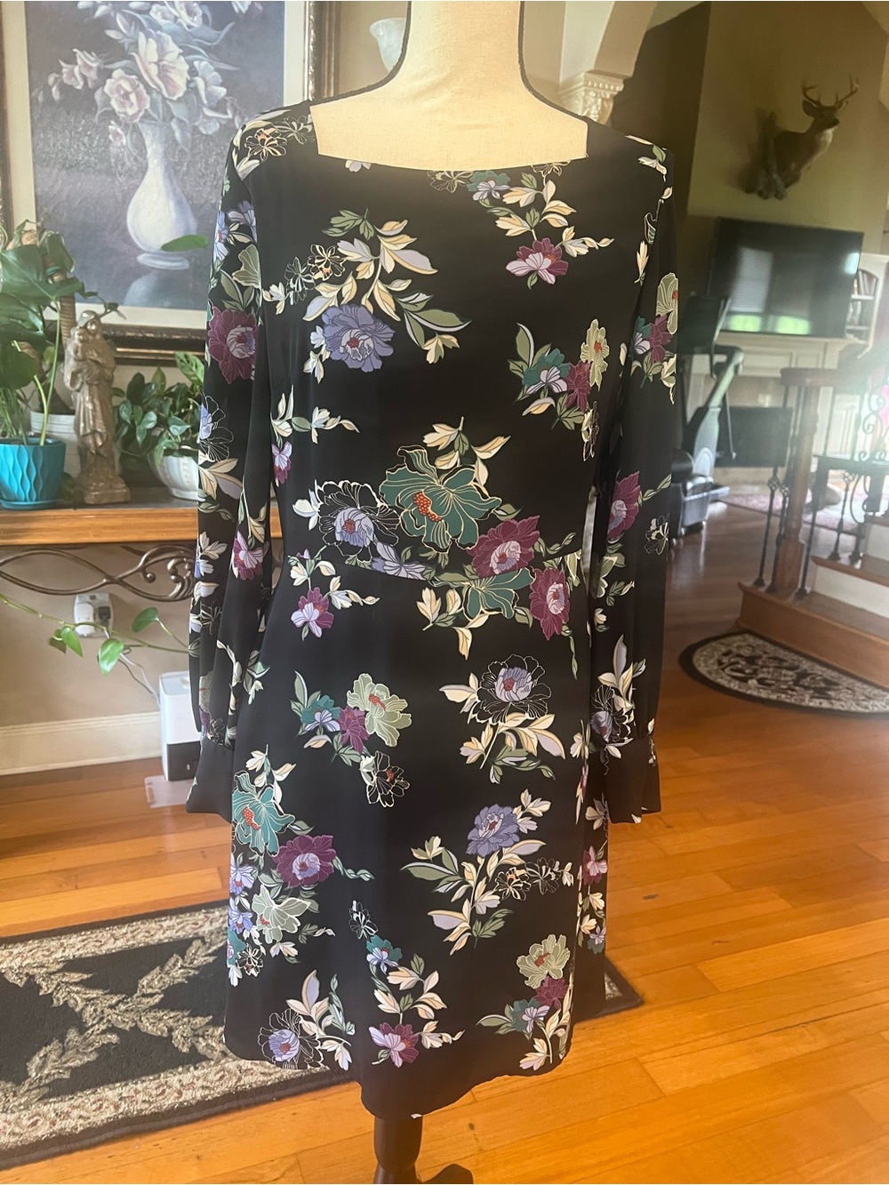 LOFT Black Floral Long-Sleeve Square-Neck Dress with Purple & Green Accents